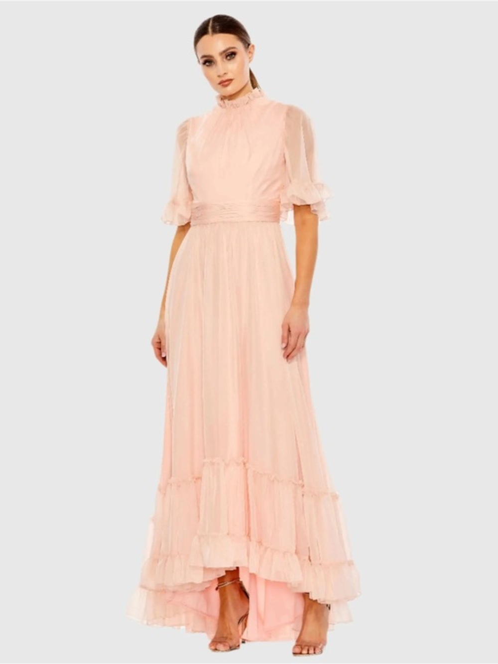 Mac Duggal Light Blush Ruffle Sleeve Maxi Gown